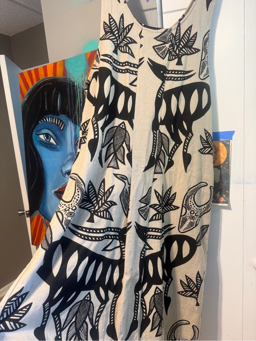 Nefertiti Collection Linen Blend Dress NWT Graphic Tribal African Art XL - Picture 8 of 13